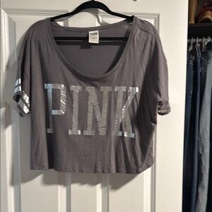 Gray Cropped T-Shirt with Silver Lettering